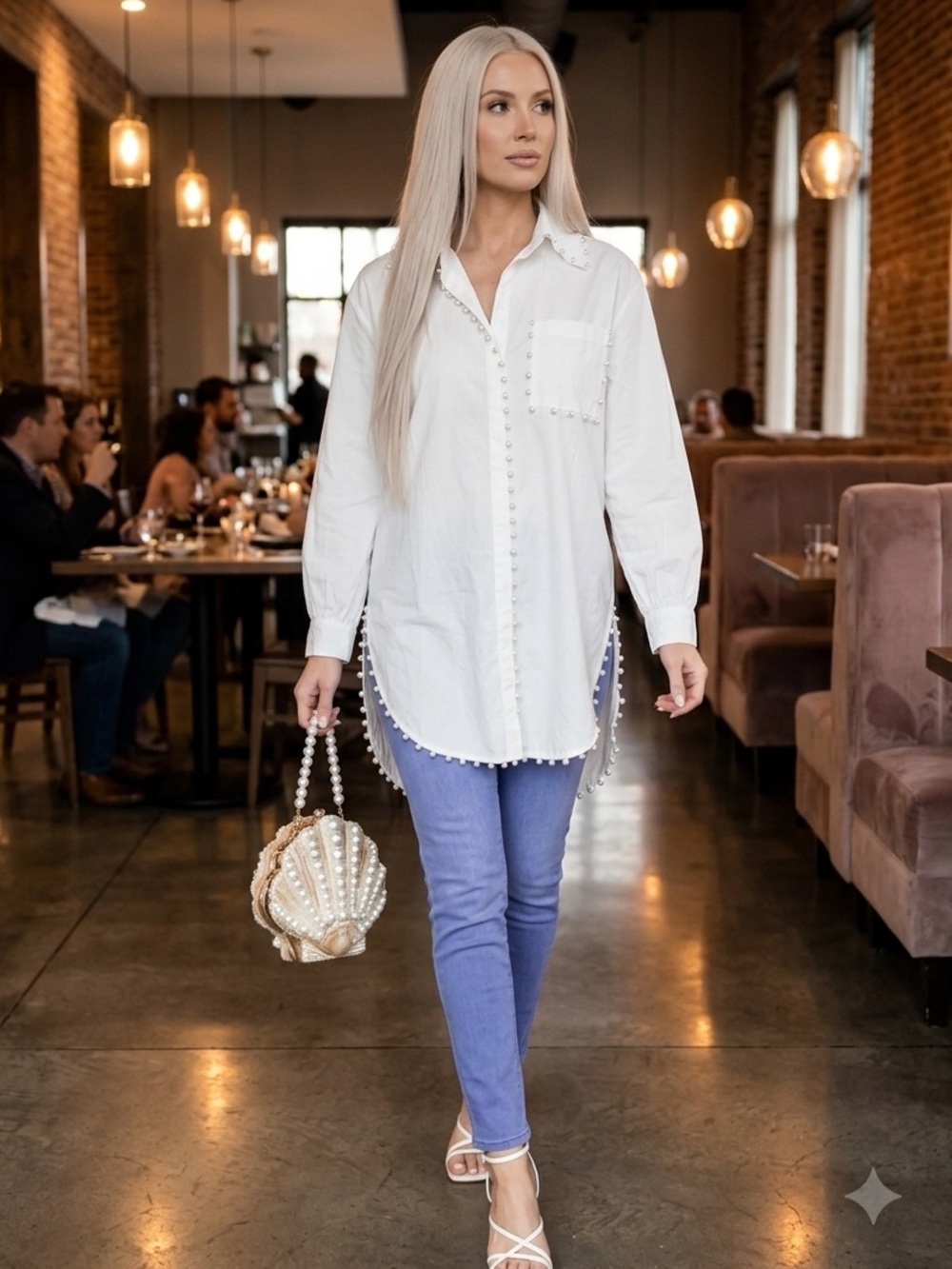 NWT Anthropologie Hannah Lynn white pearl detailed shirt size M
